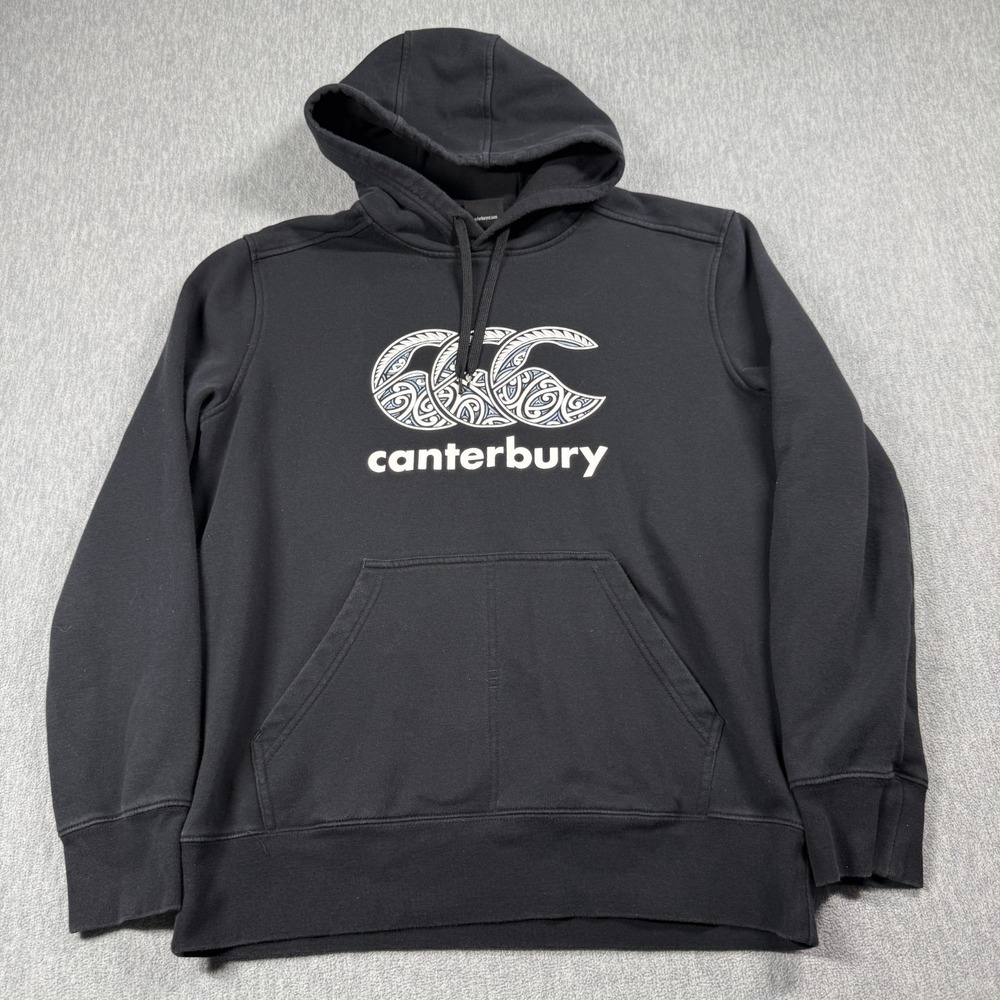 Canterbury Hoodie Mens L Black Graphic Logo Fleece Pullover Sweatshirt Casual